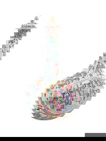 19TH C. CHINESE EXPORT ROSE MANDARIN WATER BOTTLE: Chinese, 19th century. Export Rose Mandarin Famille Rose porcelain lidded water bottle, decorated with enamel figural reserves and bogu (Precious Objects), apparently unmarked. Provenance: Private Col