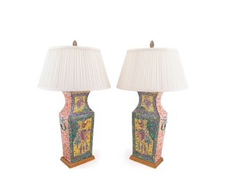 PAIR OF CHINESE FAMILLE ROSE LAMPS WITH SHADES