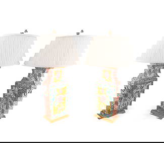 PAIR OF CHINESE FAMILLE ROSE LAMPS WITH SHADES (1 of 6)