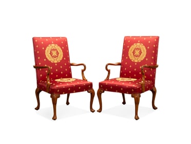 PAIR, QUEEN ANNE STYLE RED & GOLD SILK ARM CHAIRS