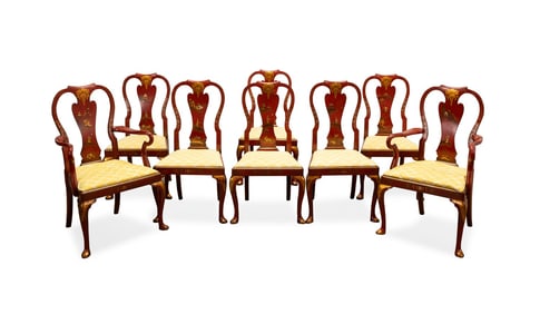 SET OF EIGHT RED CHINOISERIE DINING CHAIRS