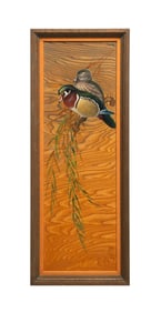 MENABONI, PERCHED WOOD DUCKS, OIL ON WOOD PANEL