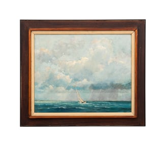ERIC SLOANE, SEASCAPE WITH SAIL BOAT, OIL ON BOARD