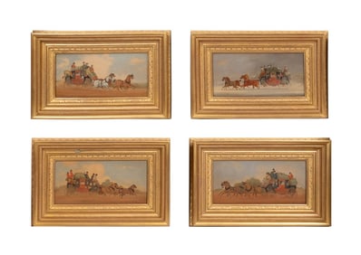 WILLIAM ROWLAND, FOUR OIL ON BOARD CARRIAGE SCENES