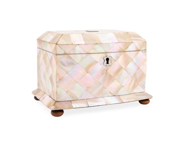 BOWFRONT MOTHER OF PEARL TEA VENEER CADDY