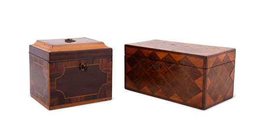 TWO ENGLISH PARQUETRY INLAID TEA CADDIES, 19TH C.