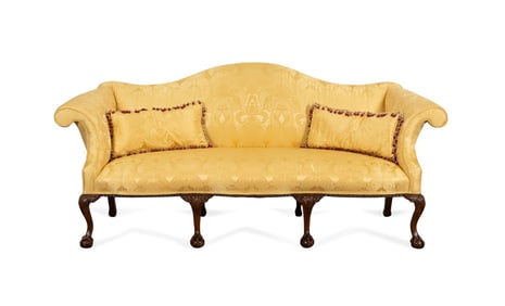 CHIPPENDALE STYLE DAMASK UPHOLSTERED SOFA
