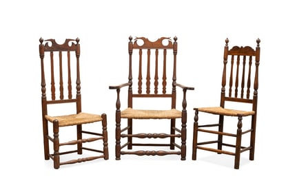 AMERICAN 18TH C. 3 BANISTER-BACK ARM & SIDE CHAIR