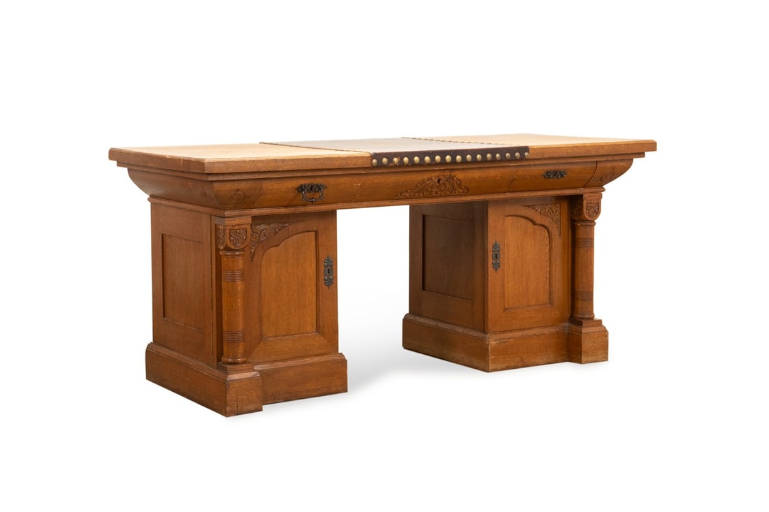 E. 20TH C ENGLISH OAK PARTNERS PEDESTAL DESK (1 of 7)
