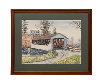 A.N. WYETH, COVERED BRIDGE, NY, WATERCOLOR, 1975