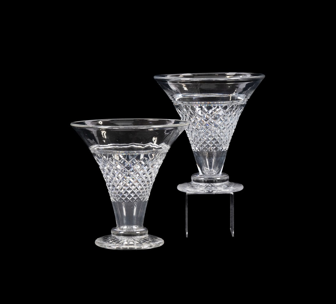 THOMAS WEBB & SONS, PAIR OF CRYSTAL TRUMPET VASES: Thomas Webb & Sons, (English, 1837-1990), circa 1840. Pair of colorless crystal vases, having a cross-hatch pattern, acid etched maker's mark "Made in England / Webb" to underside of one. Provenance:
