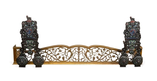 PR. OF CHARLES II STYLE ENAMEL ANDIRONS & A FENDER