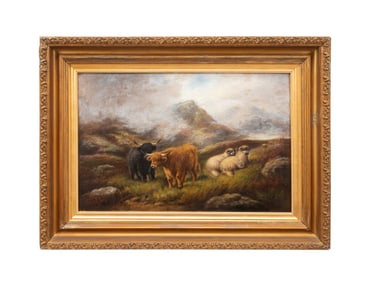 J. W. MORRIS, HIGHLAND COWS PASTORAL LANDSCAPE O/C