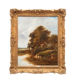 JOSEPH THORS, FIGURAL COTTAGE LANDSCAPE, O/C