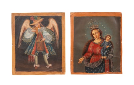 CUSCO SCHOOL, 2 RELIGIOUS OIL ON CANVAS PAINTINGS