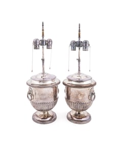 PAIR OF SILVERPLATE WINE COOLERS MOUNTED AS LAMPS