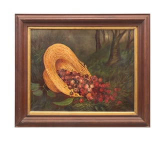 STILL LIFE W/ CHERRIES, OIL, L.W. PRENTICE CIRCLE