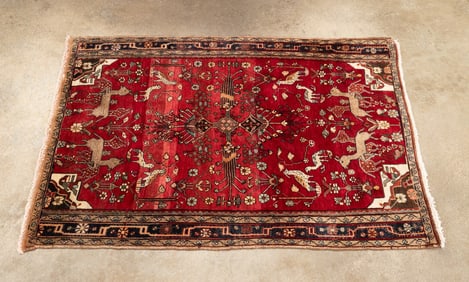 HANDWOVEN PERSIAN SAROUK RUG W/ ANIMALS & BIRDS