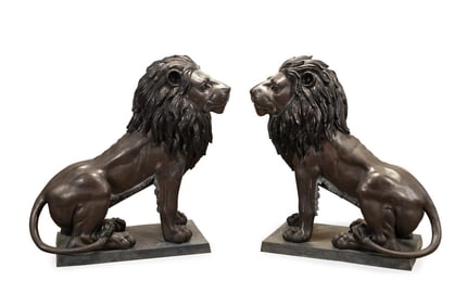 PAIR OF LARGE BRONZE GARDEN LIONS, 47" TALL