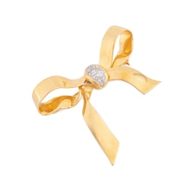 DIAMOND & 14K YG BOW BROOCH