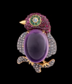20CT AMETHYST & MULTI-GEMSTONE BIRD BROOCH
