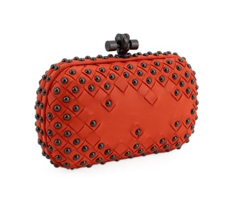 BOTTEGA VENETA ORANGE LEATHER KNOT & STUD CLUTCH