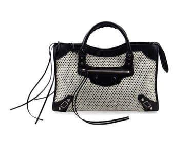 BALENCIAGA B&W LEATHER AND RAFFIA 'CITY' BAG