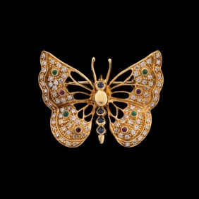 18K DIAMOND & GEMSTONE BUTTERFLY PIN