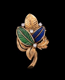 ENAMEL, DIAMOND & 14K YG LEAF BROOCH