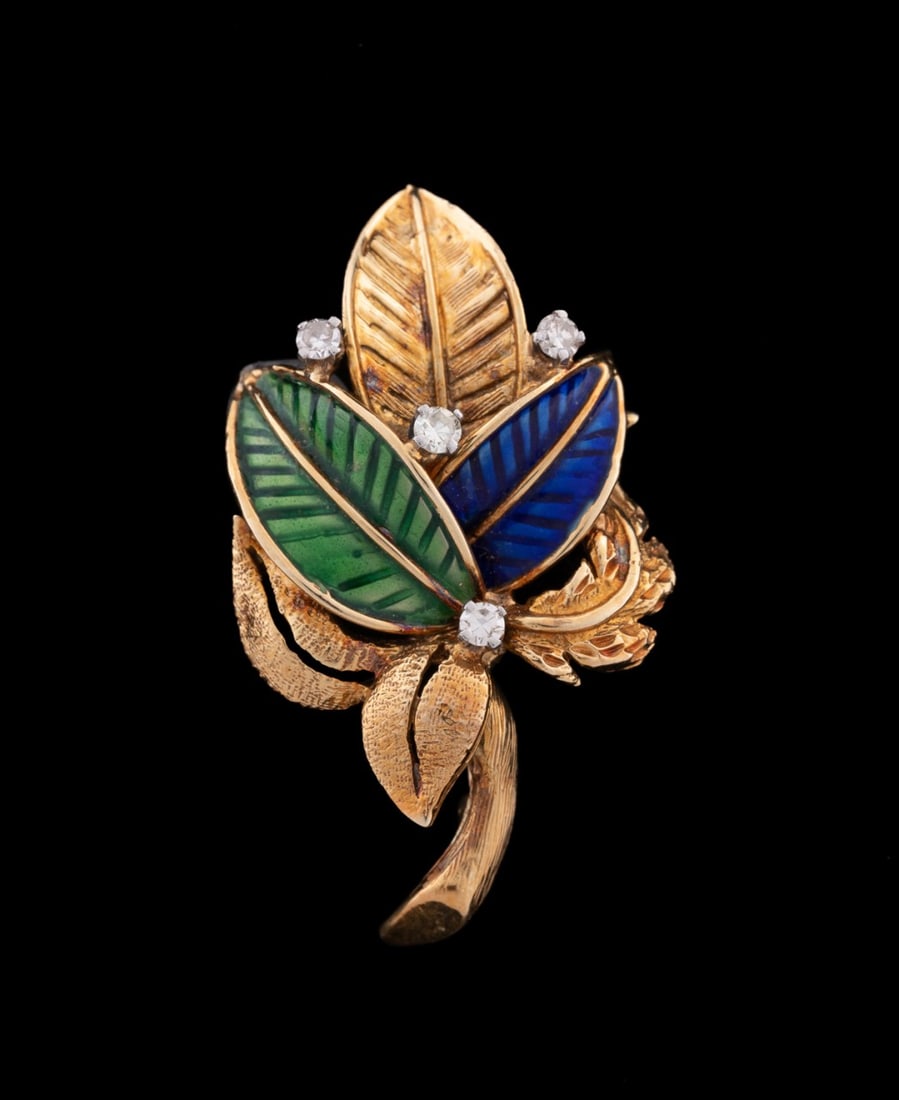 ENAMEL, DIAMOND & 14K YG LEAF BROOCH (1 of 5)