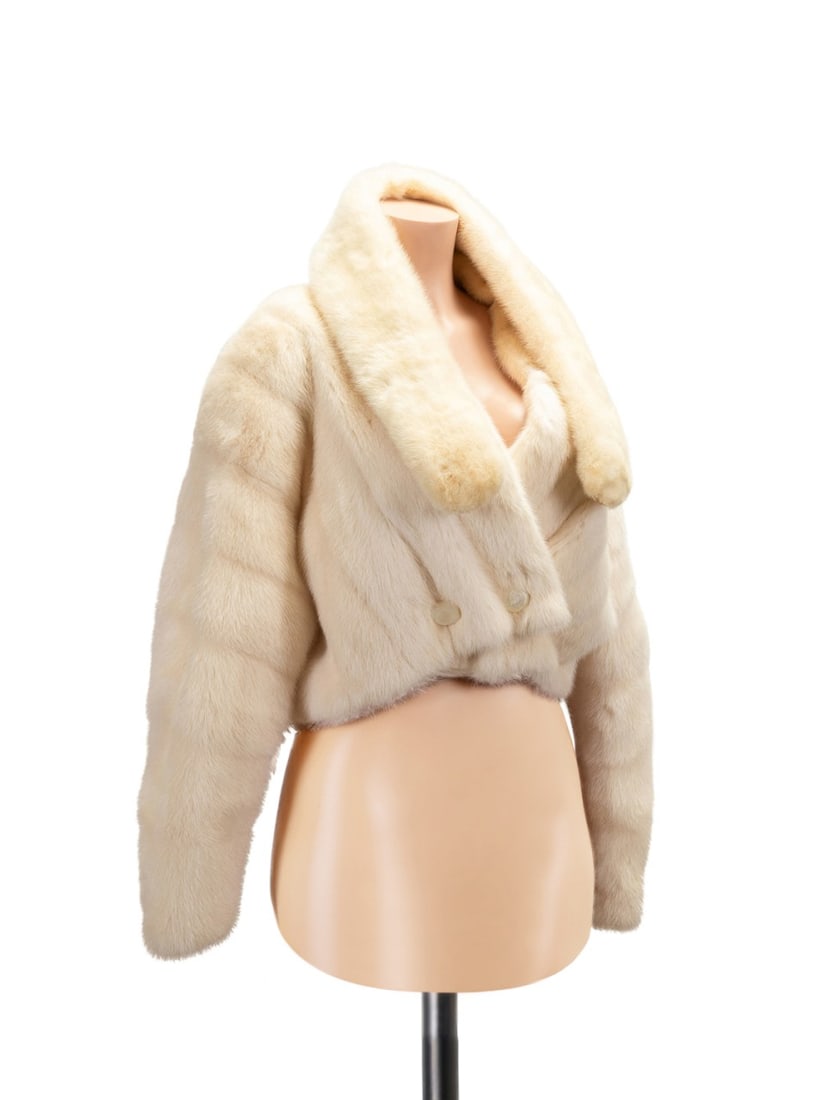 CHLOE VINTAGE WHITE MINK BOLERO JACKET: Chloe (French, founded 1952) and Tron Furs. Cream white mink bolero jacket by Chloe, possibly 1980's, having two front pearlescent buttons and snap closure, accompanied by fur stole clip on collar by