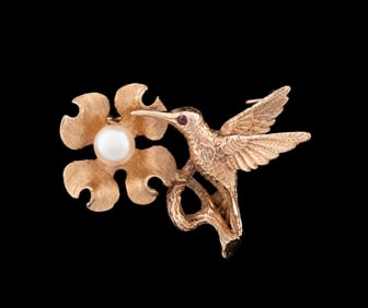 PEARL HUMMINGBIRD & FLORAL 14K YELLOW GOLD PIN
