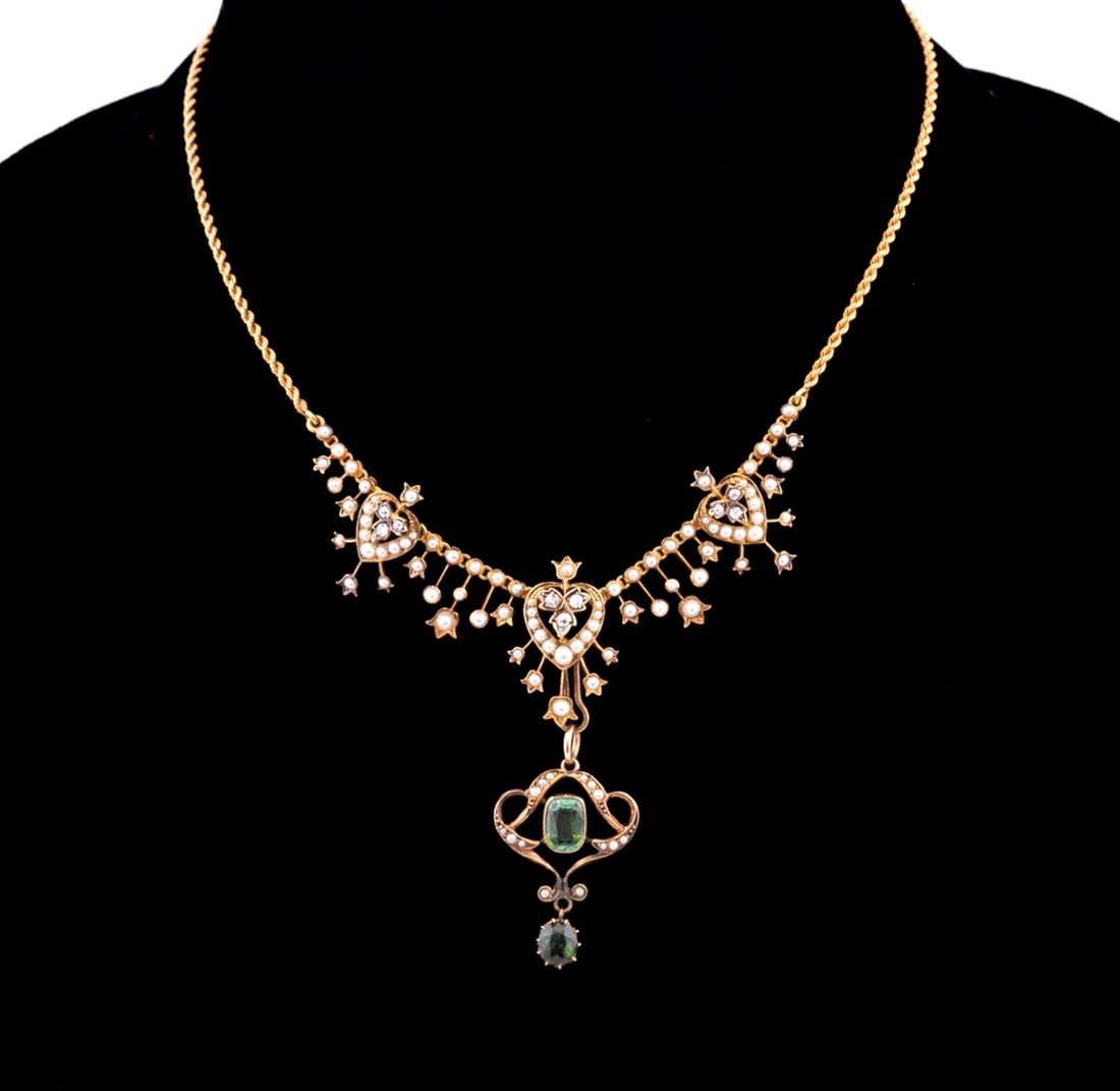 GREEN TOURMALINE & SEED PEARL 18K GOLD NECKLACE (1 of 8)