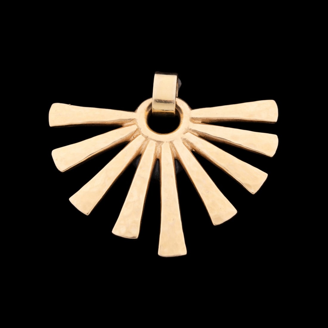 14K YG HALF SUNBURST NECKLACE PENDANT: James Avery (American, founded 1954). 14k yellow gold nine arm half sunburst necklace pendant with high polish finish. Marked "JA" with symbol and "14k". Approximate measurements: h. 1.875", w. 1.625"