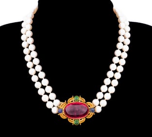 PEARL, TOURMALINE, SAPPHIRE & TSAVORITE NECKLACE