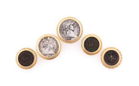 FIVE ANCIENT COINS IN 18K YELLOW GOLD TIE TACKS