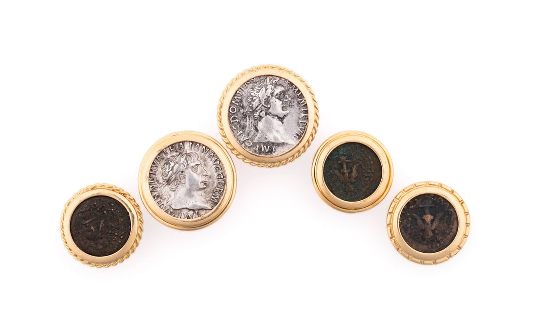 FIVE ANCIENT COINS IN 18K YELLOW GOLD TIE TACKS (1 of 5)