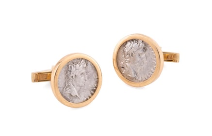 PAIR, AUGUSTUS SILVER COINS SET INTO 18K CUFFLINKS