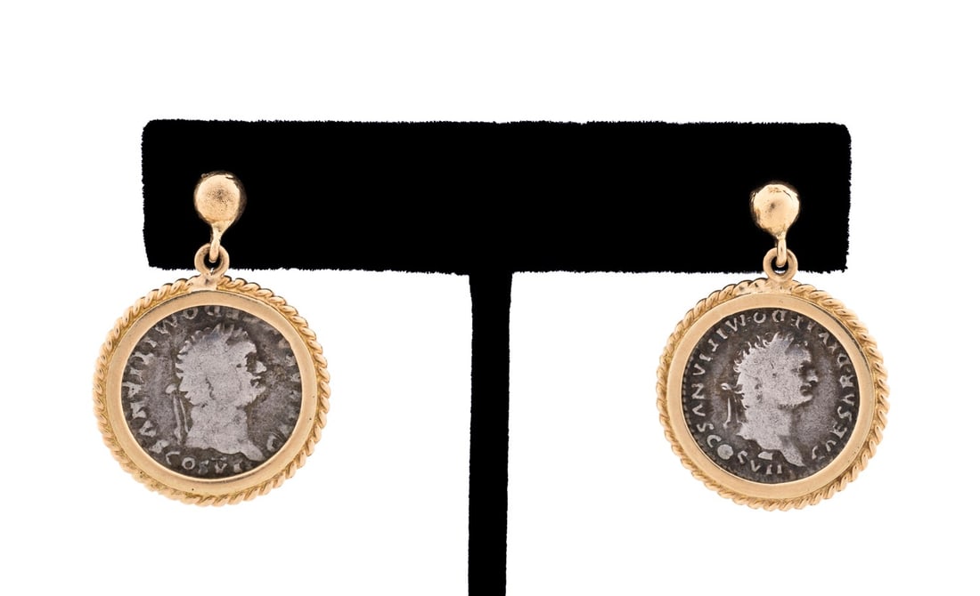 PAIR OF ROMAN COINS MOUNTED IN 18K GOLD EARRINGS (1 of 5)