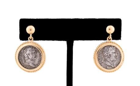 PAIR, ANCIENT ROMAN COINS SET INTO 18K YG EARRINGS