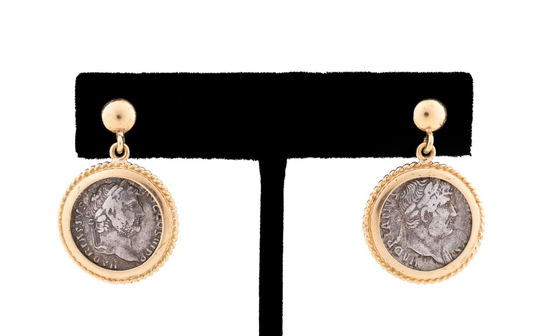 PAIR, ANCIENT ROMAN COINS SET INTO 18K YG EARRINGS (1 of 5)
