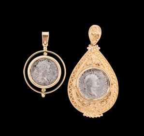 TWO ROMAN COINS IN 18K YELLOW GOLD PENDANTS