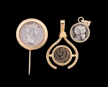 THREE ANCIENT COINS SET INTO 14K & 18K GOLD BEZELS
