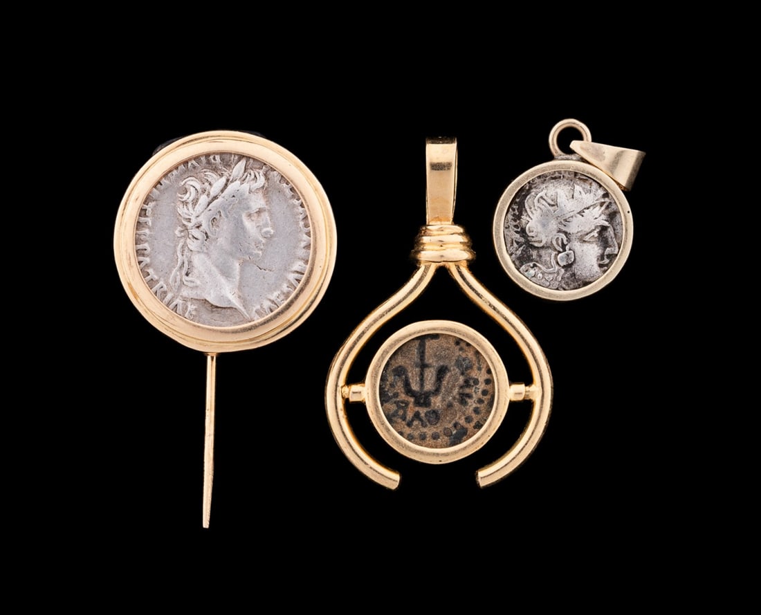 THREE ANCIENT COINS SET INTO 14K & 18K GOLD BEZELS (1 of 5)