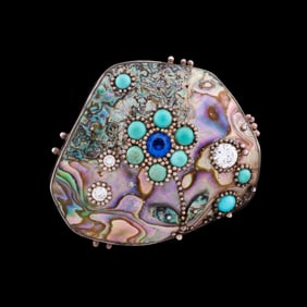 1988 ABALONE, RHINESTONE & TURQUOISE STERLING PIN