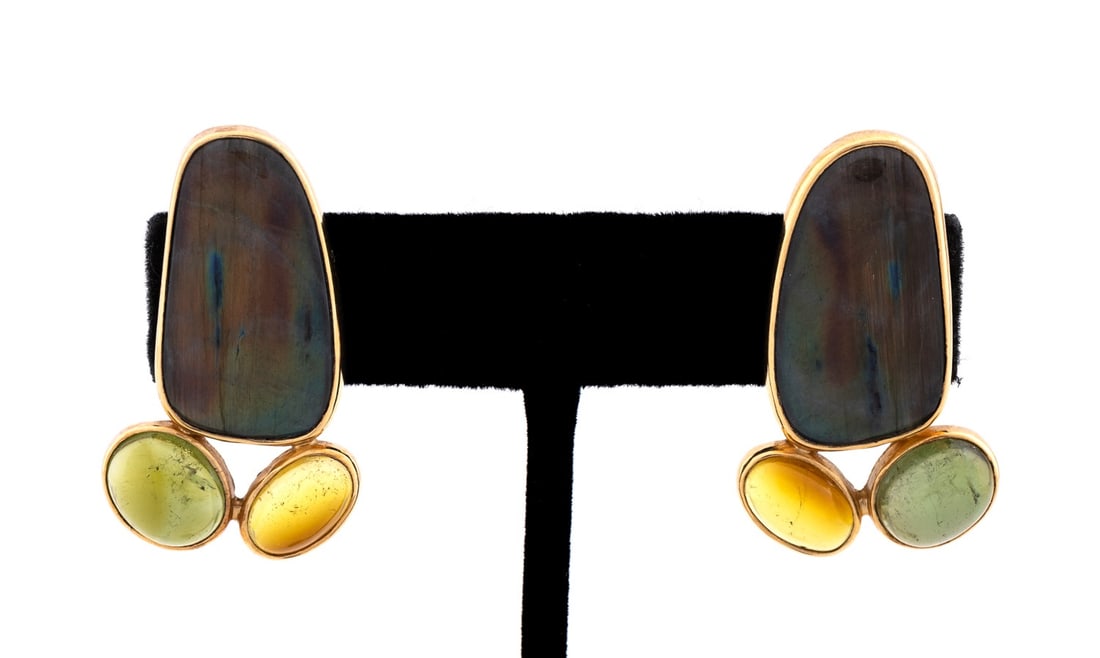 L. PAPAGEORGE AMMONITE, TOURMALINE & 14K EARRINGS (1 of 6)