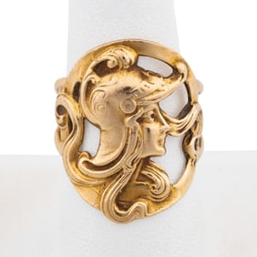ART NOUVEAU STYLE WARRIOR GODDESS 14K YG RING