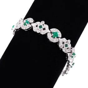 EMERALD, DIAMOND & 18K WHITE GOLD BRACELET