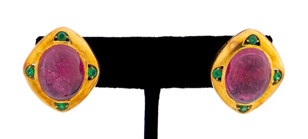 PINK TOURMALINE & TSAVORITE GARNET 18K YG EARRING