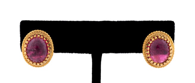 PINK OVAL CABOCHON TOURMALINE 18K YG EARRINGS